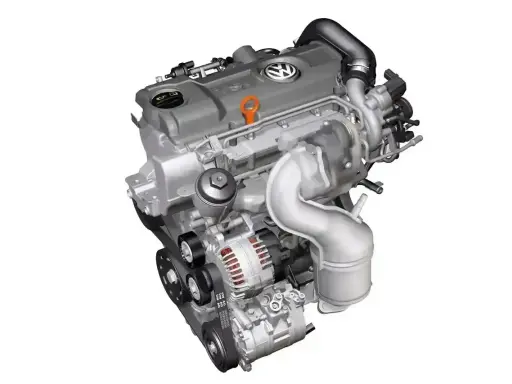 Nowoczesny silnik diesla Volkswagena z turbosprężarką i paskiem napędowym.