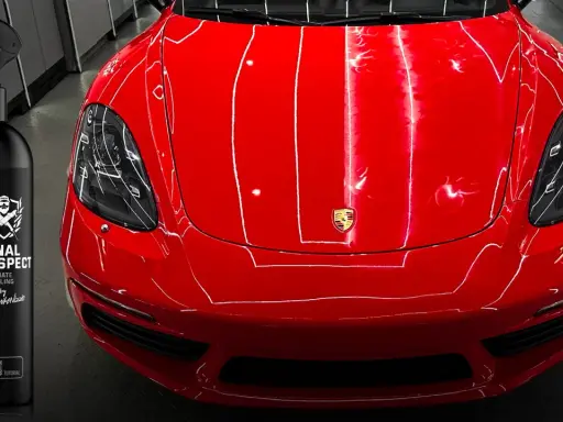 Błyszczący czerwony lakier Porsche i butelka preparatu SWAG Final Inspect. Idealny do tego, czym odtłuścić lakier przed polerowaniem.