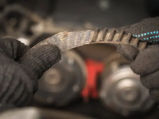 Zużyty pasek klinowy w rękach mechanika, przygotowanie do wymiany.