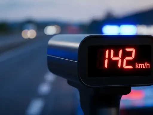 Radar mierzy 142 km/h. Szybka jazda nocą, policyjne światła i zbliżający się mandat za przekroczenie prędkości.