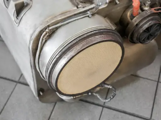 Element układu wydechowego, prawdopodobnie filtr DPF, gotowy do wypalania. Widoczny ceramiczny wkład.