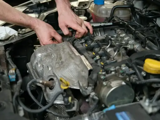 Ręce mechanika pracujące przy silniku samochodowym, widoczne elementy układu paliwowego i czujnik.