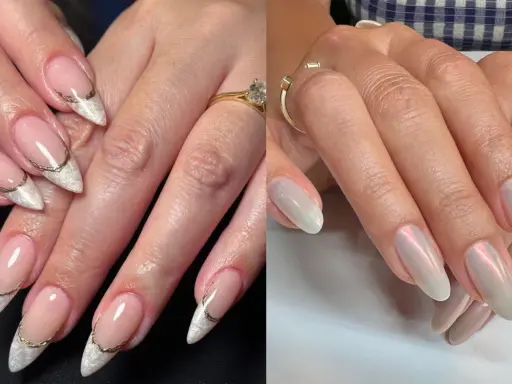 Dwa zestawy paznokci: jeden z francuskim manicure i złotymi zdobieniami, drugi z opalizującym, perłowym kolorem.