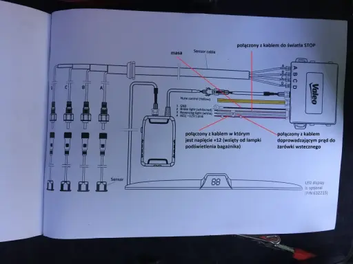 Schemat montażu czujników parkowania Valeo. Pokazuje połączenia z lampą stop, zasilaniem i czujnikami.