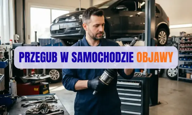 Mechanik w warsztacie samochodowym trzyma przegub. Na ekranie napis "Przegub w samochodzie objawy".