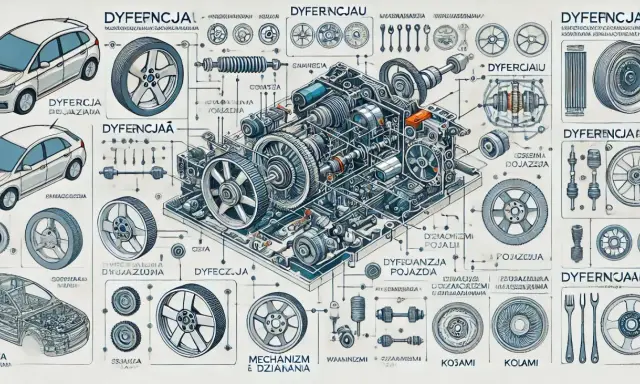 Szczegółowy schemat mechanizmu różnicowego z elementami pojazdu i kołami.