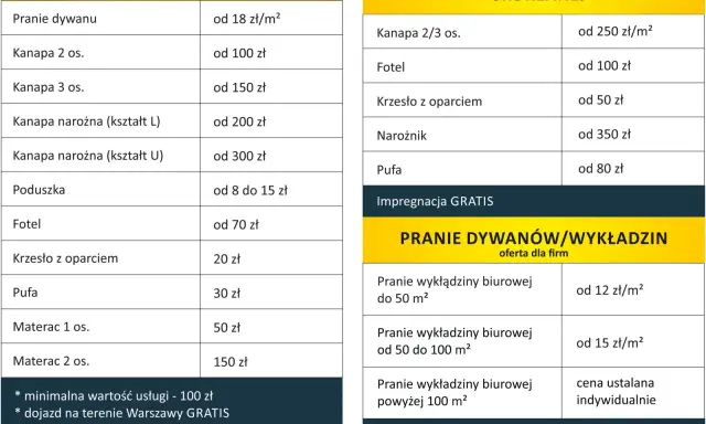 Pranie tapicerki samochodowej cennik: kanapy, fotele, krzesła, pufy, materace. Ceny od 8 zł. Dostępne też czyszczenie skór.