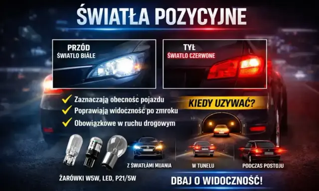 Światła pozycyjne: białe z przodu, czerwone z tyłu. Zapewniają widoczność i bezpieczeństwo na drodze.