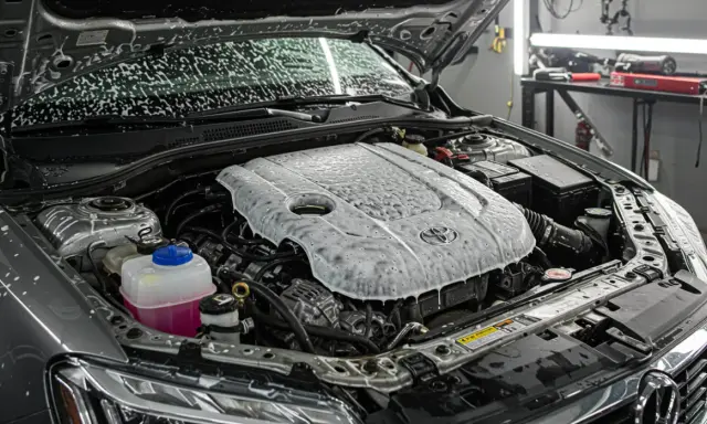 Mycie komory silnika Toyoty. Piana pokrywa pokrywę silnika i błotniki, przygotowując do gruntownego czyszczenia.