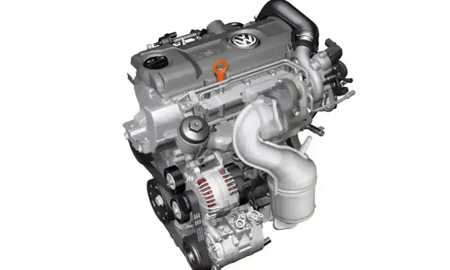 Nowoczesny silnik diesla Volkswagena z turbosprężarką i paskiem napędowym.
