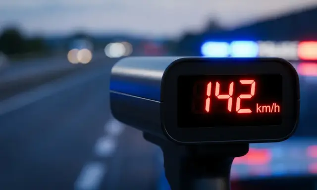Radar mierzy 142 km/h. Szybka jazda nocą, policyjne światła i zbliżający się mandat za przekroczenie prędkości.