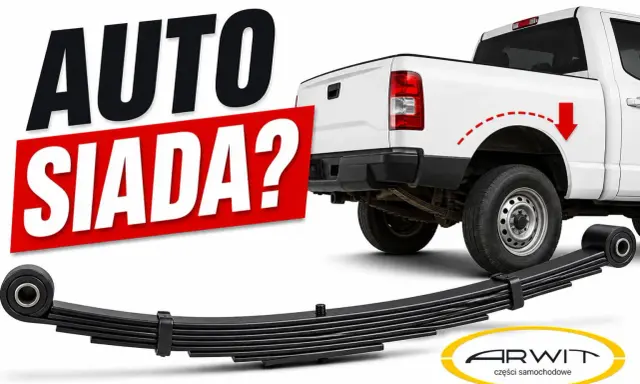 Biały pickup z napisem "AUTO SIADA?". Pod nim widać nowe resory piórowe, gotowe do montażu.
