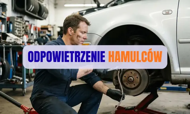 Mechanik wykonuje odpowietrzanie hamulców w samochodzie.