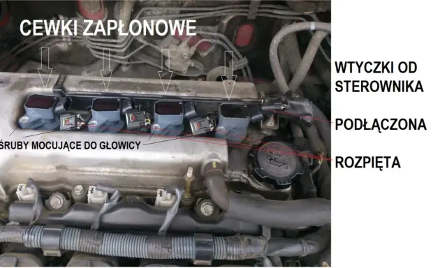 Silnik samochodowy z widocznymi cewkami zapłonowymi, śrubami mocującymi do głowicy i wtyczkami od sterownika.