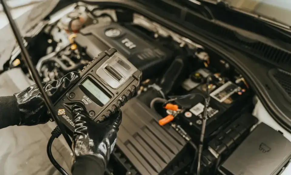 Mechanik w rękawiczkach trzyma tester akumulatora, który może zawierać czujnik Halla, sprawdzając stan pojazdu.