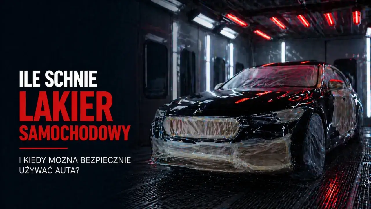 Czarny samochód w kabinie lakierniczej, z folią ochronną na zderzakach i reflektorach. Tekst: