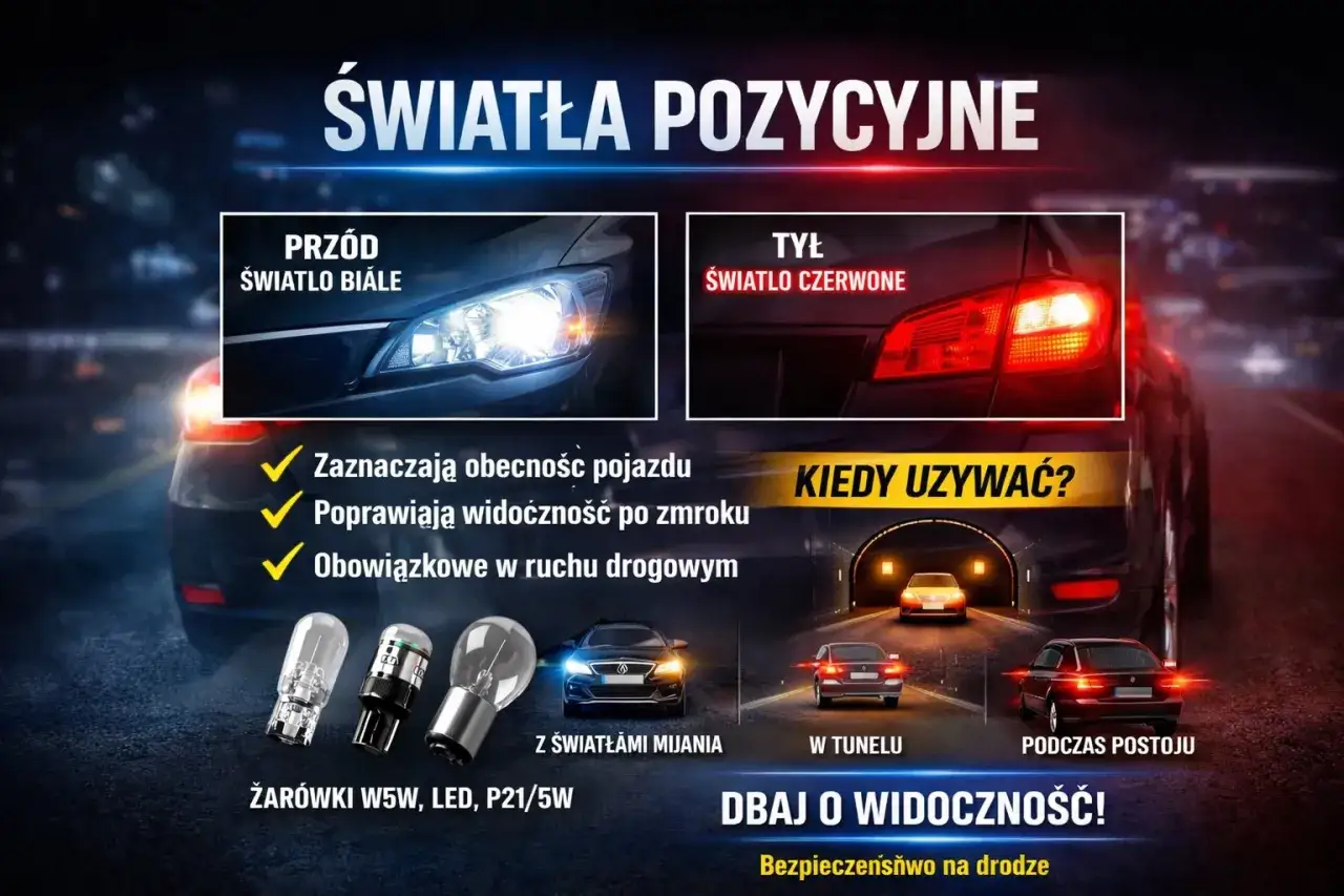 Światła pozycyjne a postojowe: białe z przodu, czerwone z tyłu. Zaznaczają pojazd, poprawiają widoczność po zmroku i w tunelu. Obowiązkowe w ruchu drogowym.