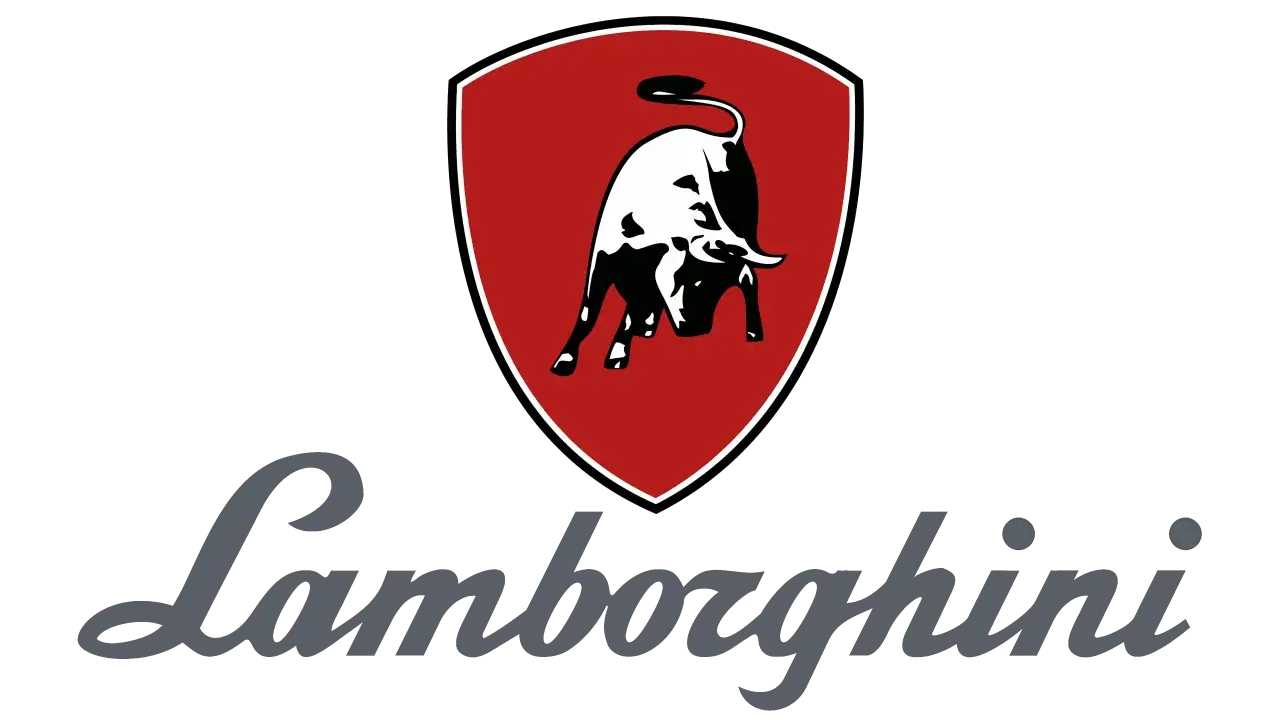 Jak wygląda znaczek Lamborghini: czerwona tarcza z czarno-białym bykiem i szarym napisem Lamborghini.