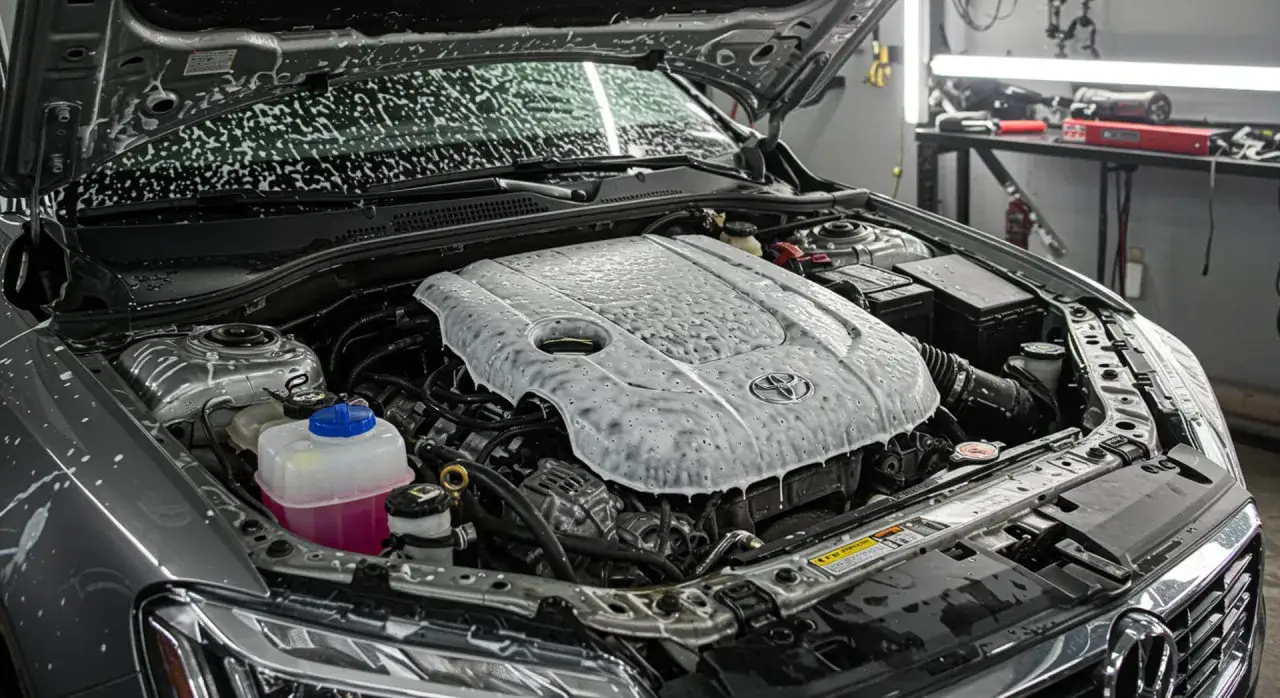 Szara Toyota w trakcie mycia komory silnika. Gęsta piana pokrywa pokrywę silnika i inne elementy.