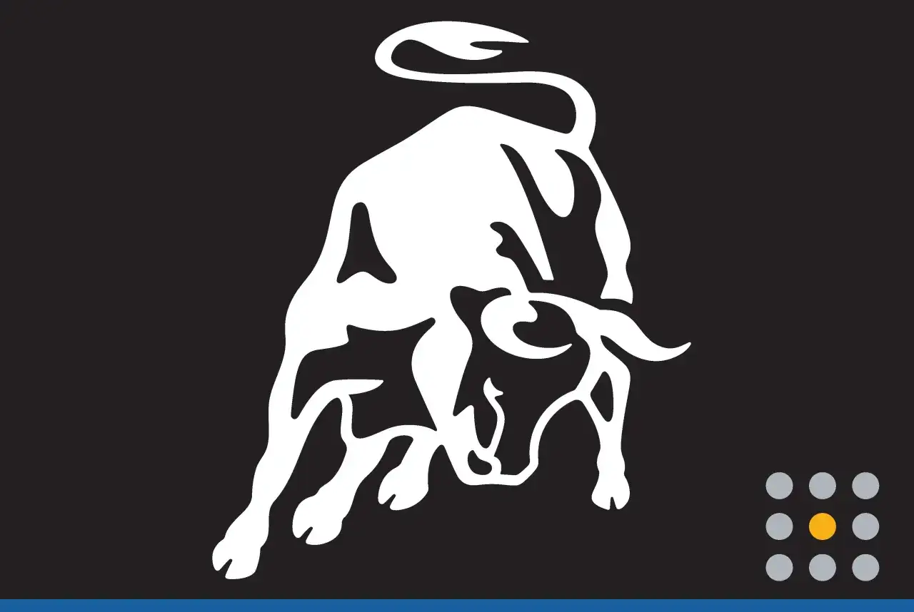 Biały byk w skoku, symbol marki Lamborghini, na czarnym tle.