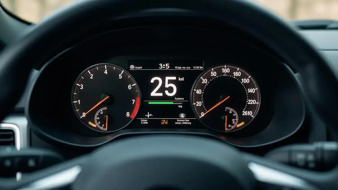 Prędkościomierz pokazuje 25 km/h. Obok widać obroty silnika wskazujące na niskie obroty, idealne do spokojnej jazdy.